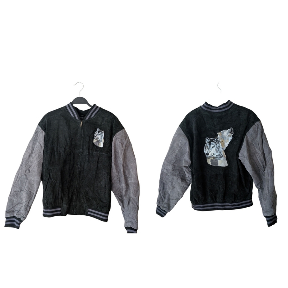 Vintage 90s‎ Wolf Embroidered Suede Varsity Streetwear Bomber Jacket Size Large